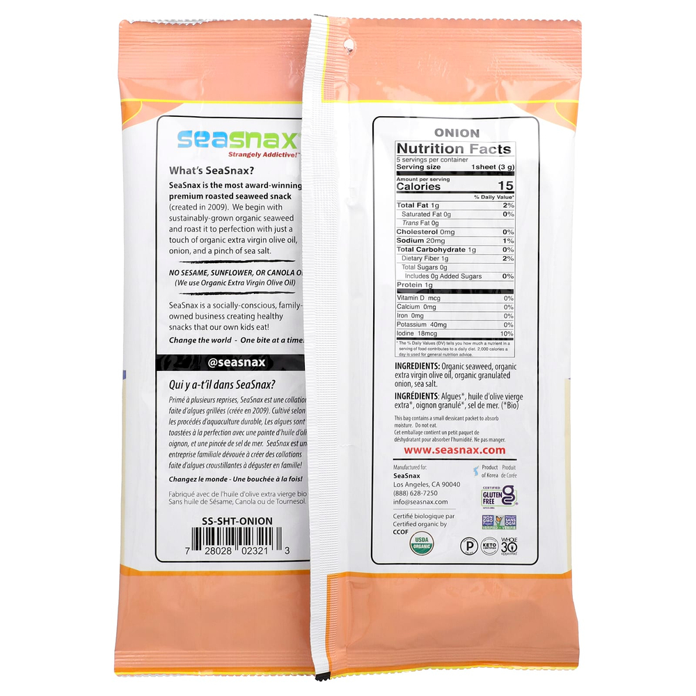 SeaSnax, Обертывание из органических обжаренных морских водорослей с оливковым маслом первого отжима и морской солью, поджаренный лук, 5 больших листов, 15 г (0,54 унции)