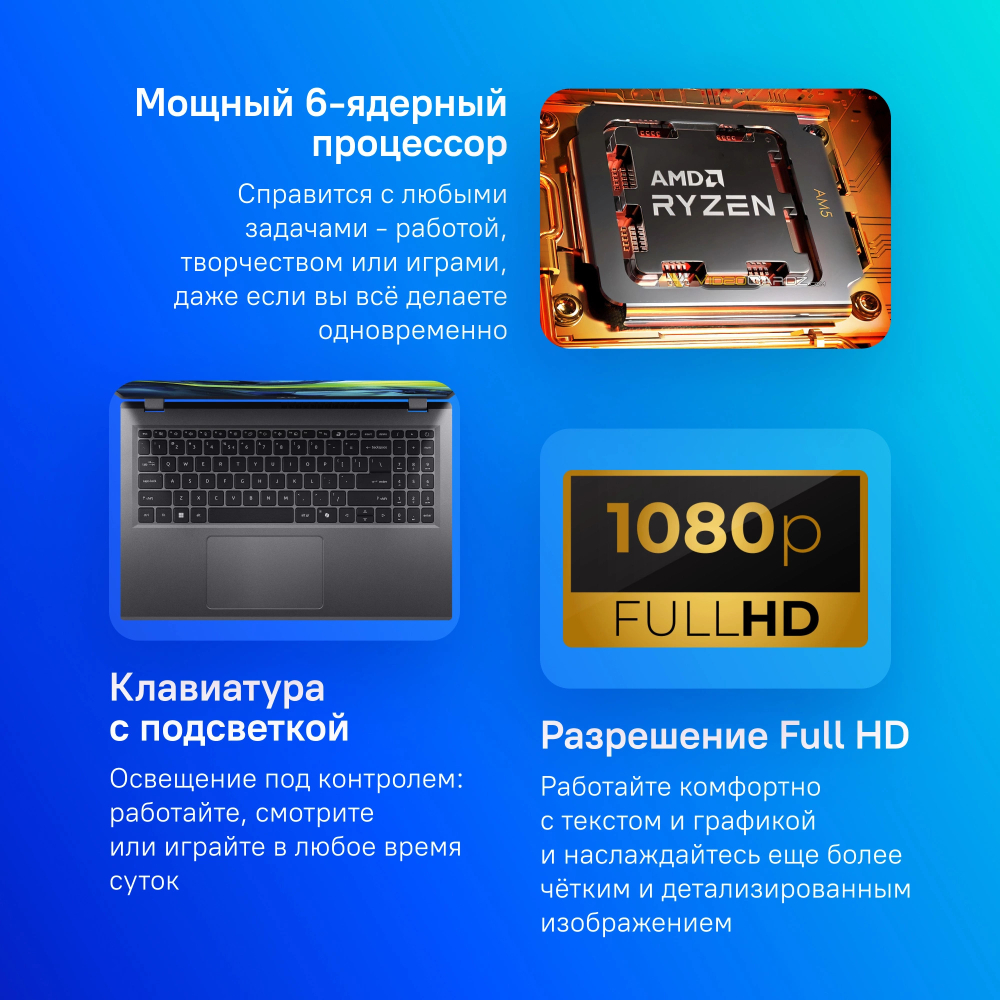 Ноутбук  Acer Aspire 15 A15-41M-R1HS 15.6 ", Ryzen 5, 16 Гб RAM, 1 Тб SSD, Radeon 760M, Металлический