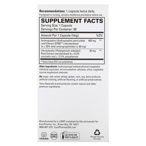 Terry Naturally, Andrographis EP80 с умкалоабо, 60 капсул