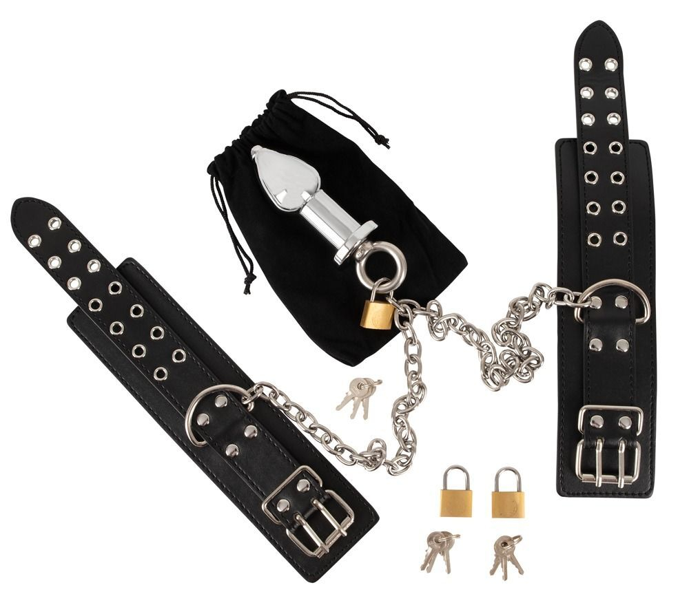 Наручники с анальной пробкой на цепи (Цвет: серебристый с черным)