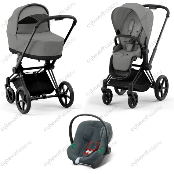 Детская коляска Cybex Priam IV 3 в 1 Mirage Grey шасси Matt Black автокресло Aton B i-Size