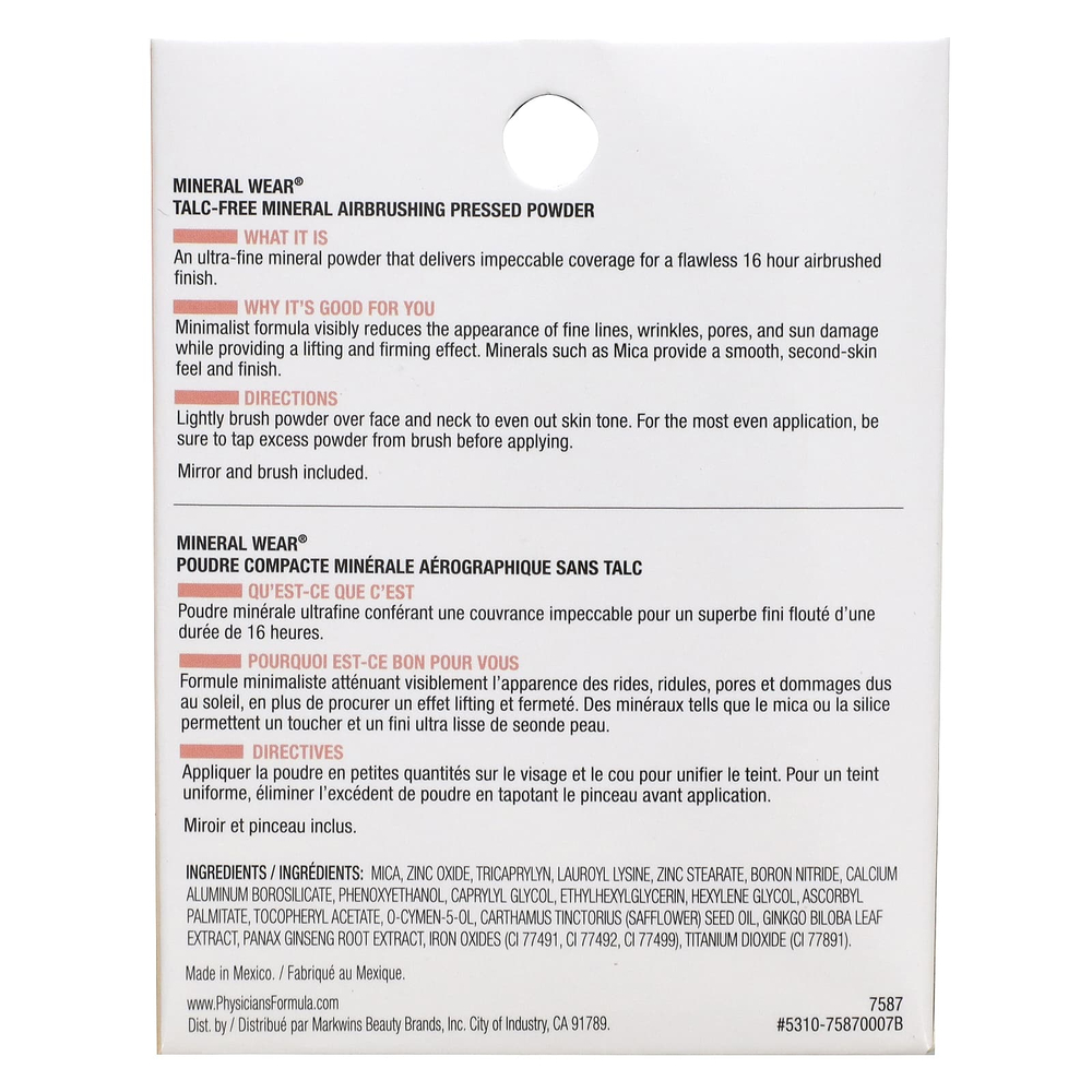 Physicians Formula, Mineral Wear, минеральная прессованная пудра без талька, 7587 кремообразный натуральный, 7,5 г (0,26 унции)