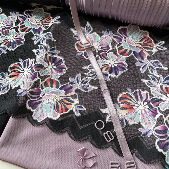 Кружево эластичное черное/цветы 22 см, Китай