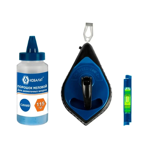 Шнур разметочный КОБАЛЬТ 30 метров + меловой порошок + уровень.