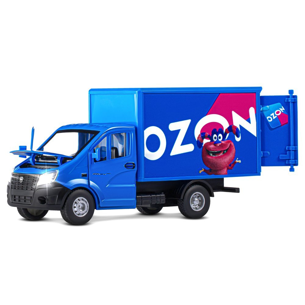 Модель 1:28 ГАЗель NEXT OZON OZY, синий, откр. двери, задняя дверка фургона, свет, звук