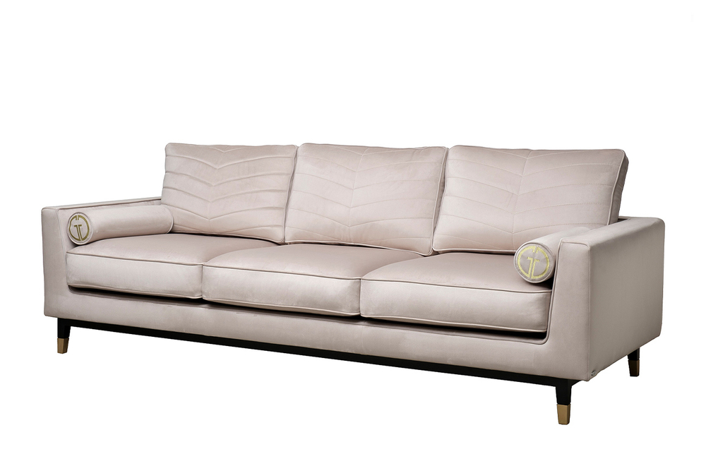 Диван велюровый трехместный Garda Decor Madrid Memory бежевый с кантом