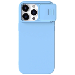 Чехол с MagSafe и с шелковистым покрытием синего цвета (Haze Blue) от Nillkin для iPhone 15 Pro Max, серия CamShield Silky Magnetic Silicone Case