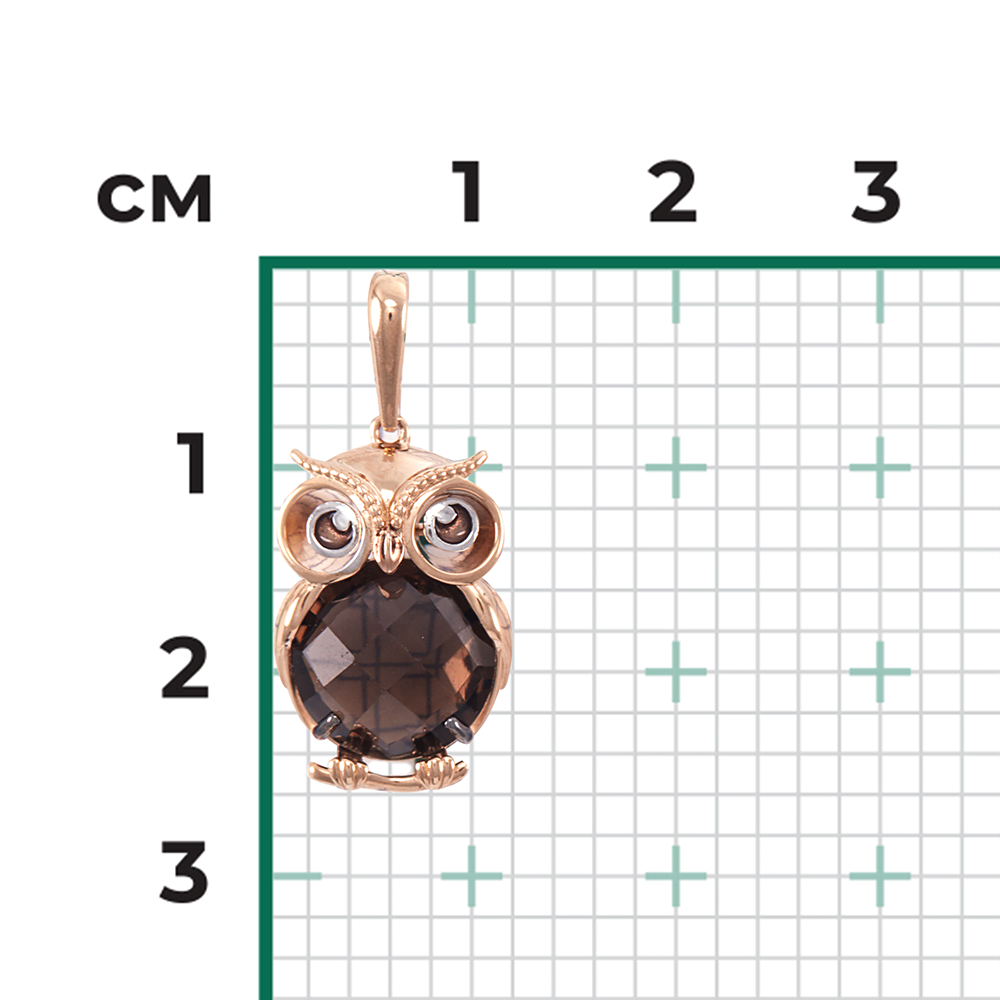 Подвеска «Сова» из комбинированного золота с кварцем дымчатым и эмалью