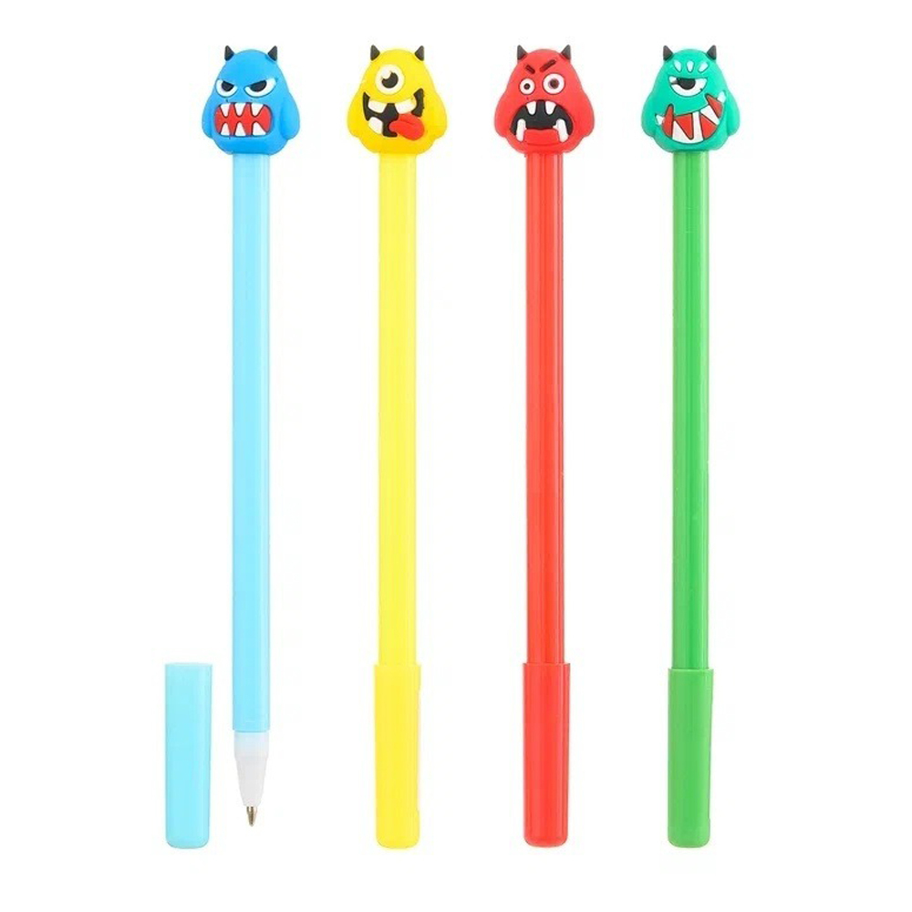 Ручка шариковая, Basir, синие чернила, с насадкой-игрушкой, серия "МОНСТРИКИ", разноцветный корпус, 12 шт