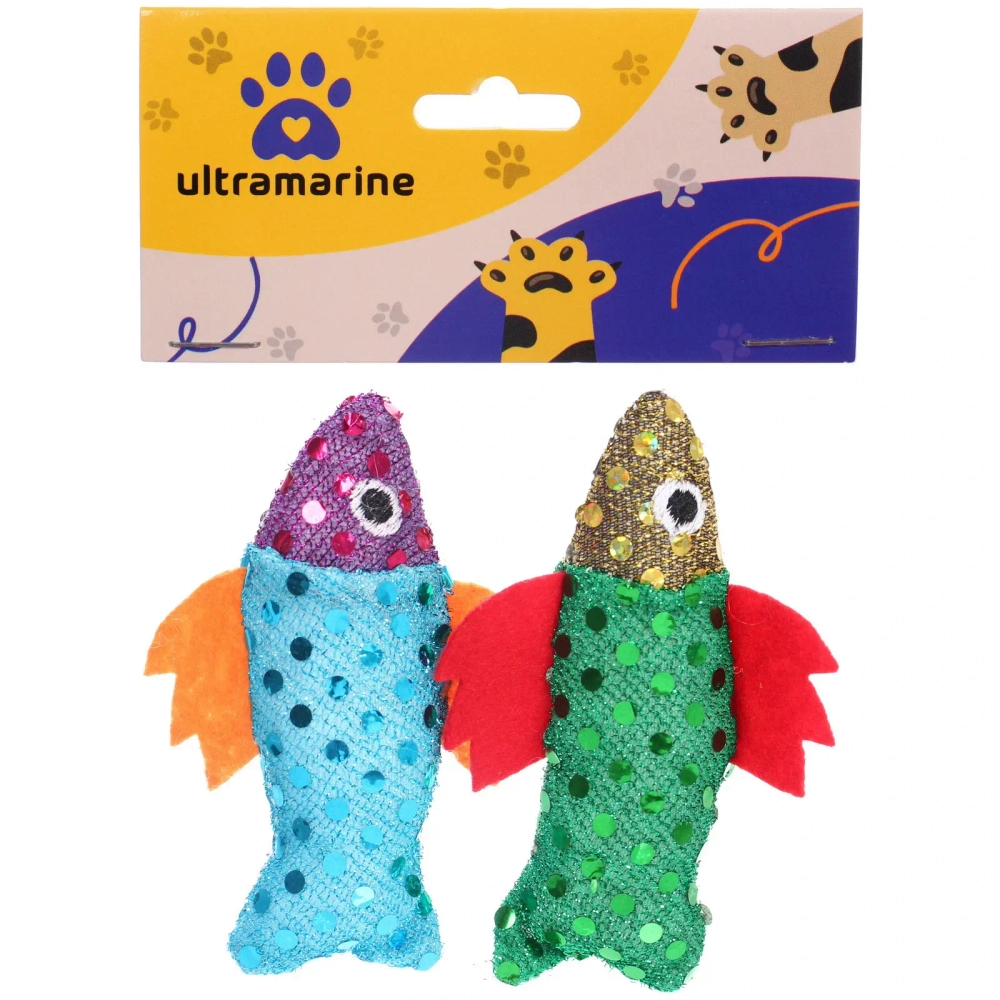 Игрушка - рыбка для кошек в наборе 2шт «ИГРУЛИК», с перышками, цвет синий и желтый, 9,5*3см