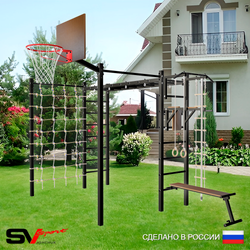 Уличная шведская стенка Sv Sport рукоход с комплектом турник прямой 2шт У5106К (Турник/Брусья/Скамья/Щит баскет/Канат/кольца/лестница/Сетка)