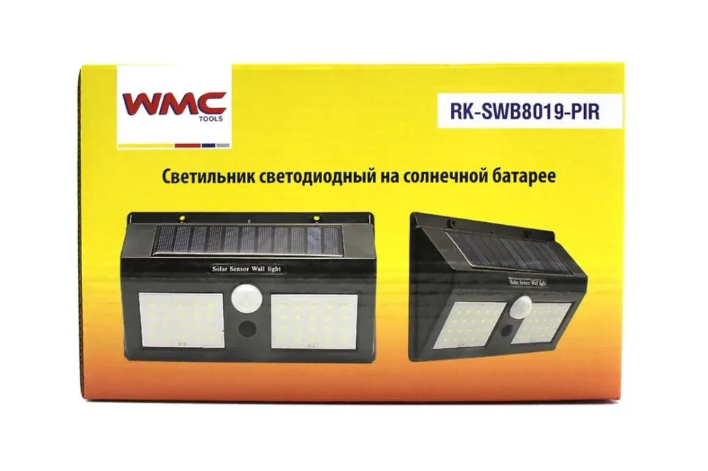 Светильник светодиодный на солнечной батарее с датчиком движения (5.5V,1.2W,18650Li,3.7V,1200mAh,40SMD 2835Led,6500К,раб. время8-10ч,заряд.4-6ч,IP44,1 WMC TOOLS WMC-RK-SWB8019-PIR