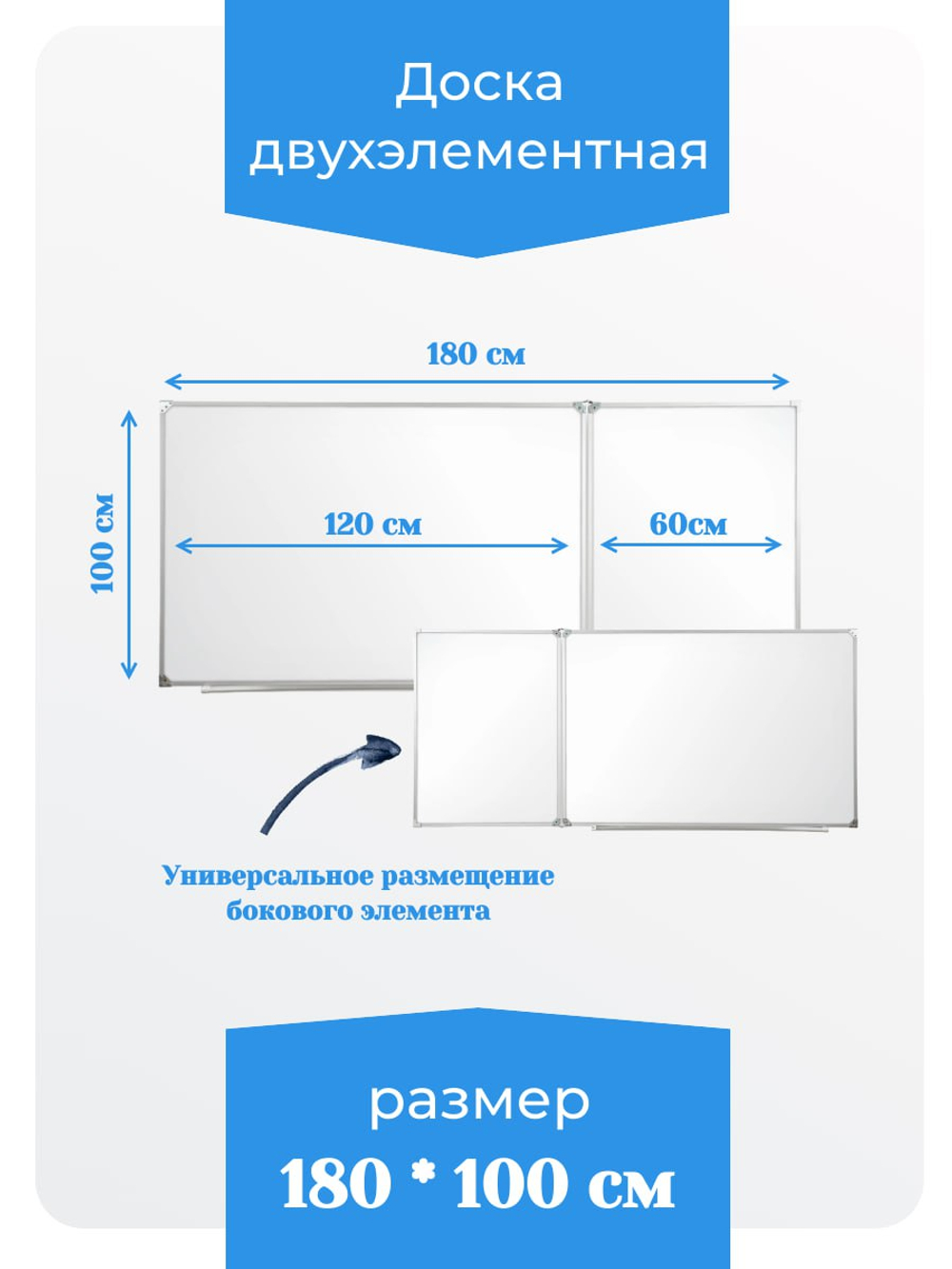 Двухэлементная(П) магнитная полимерная школьная доска 1800х1000 (маркерная)