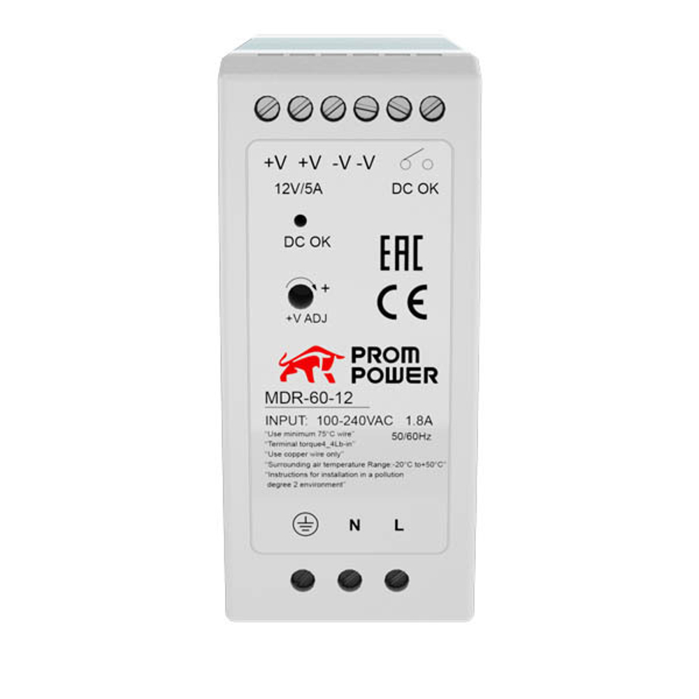 Источник питания MDR-60-12, на выходе 12 В DC, 5A, 60 Вт. Входное  85-264 В AC (120-370 В DC)