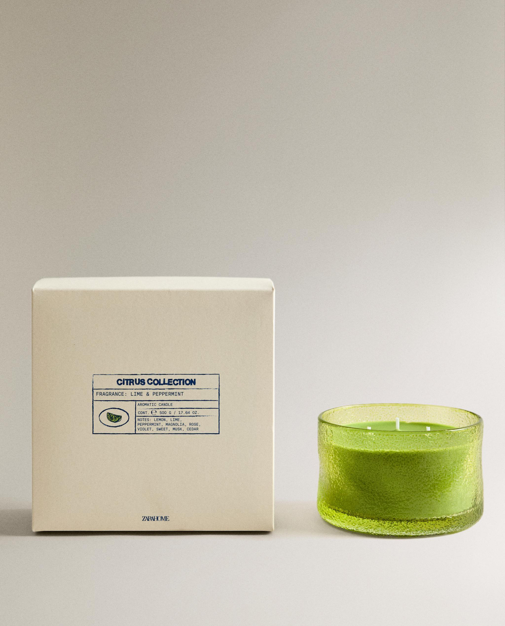 Zara Home Свеча ароматическая Lime & Peppermint 500 г, растительный воск, аромат свежий цитрусовый, Горчичный