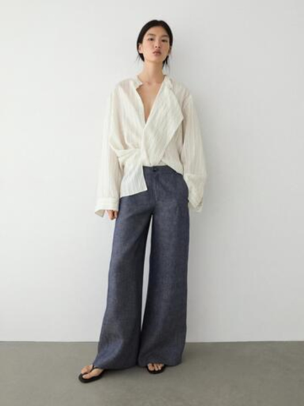 Massimo Dutti Льняные брюки-палаццо с высокой талией, темно-синий