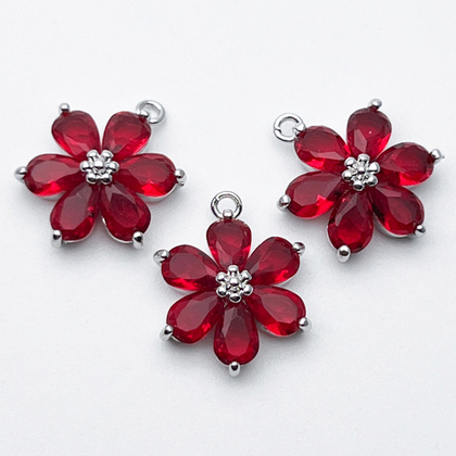 Подвеска Цветок, цвет серебро (родий) + красный, размер 17*13 мм, цена за 1 шт