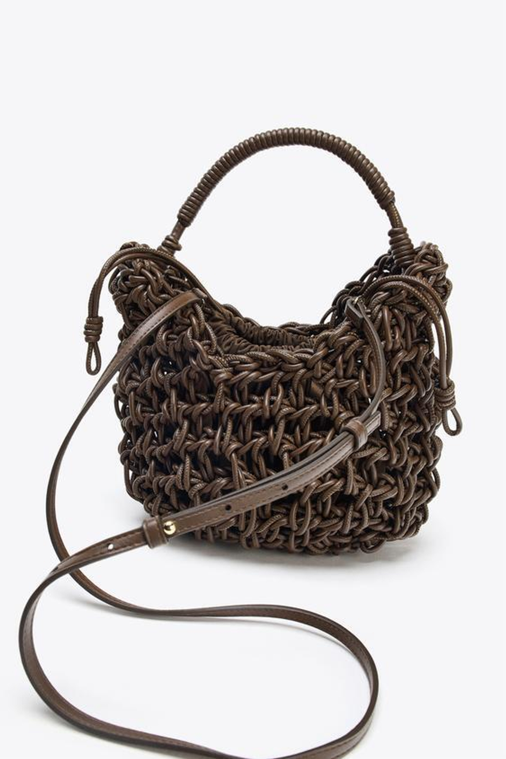 ZARA ПЛЕТЕНАЯ СУМКА С ДЕКОРАТИВНОЙ СТРОЧКОЙ, ШОКОЛАДНЫЙ