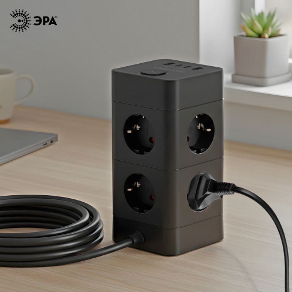 Сетевой фильтр ЭРА TWR-8es-1,5m-4USB-B башня с защитой заземлением с выключателем 8 розеток+4xUSBA+C 1,5м 16А черный | Электротовары