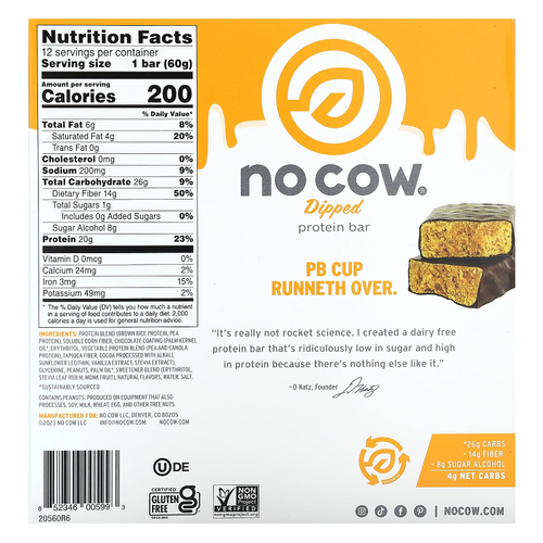 No Cow, протеиновый батончик в глазури, со вкусом шоколада и арахисовой пасты, 12 шт. по 60 г (2,12 унции)