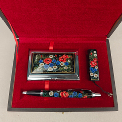 Набор "Полевые цветы" визитница, флешка и ручка Parker с ручной росписью Палех в футляре