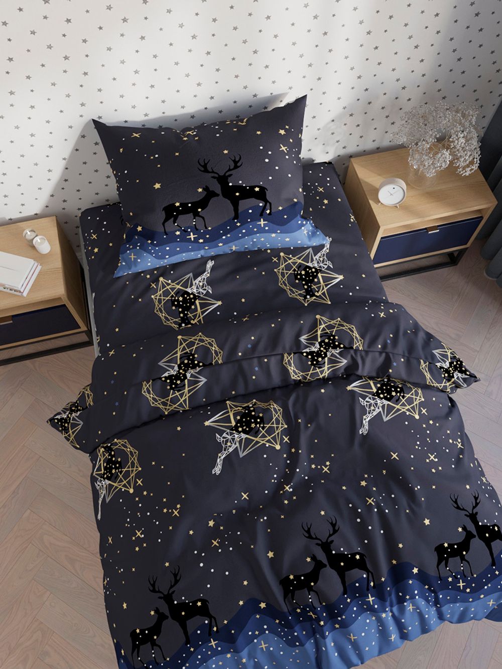 Простынь на резинке Полисатин Simple House "Звездный олень" 90x200 см