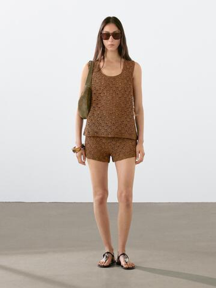 Massimo Dutti Замшевые шорты из кружева кроше, коричневый