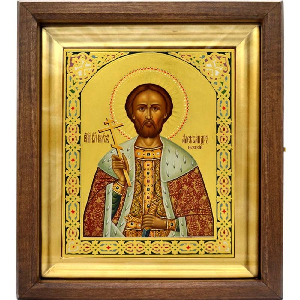 Александр Невский Святой князь. Рукописная икона на сусальном золоте.