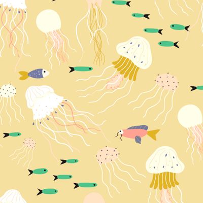 Медузы и рыбки на бежевом фоне