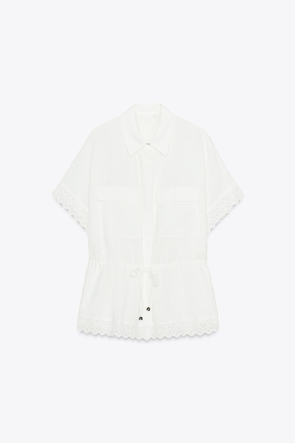 ZARA РУБАШКА ИЗ РАМИ С КРУЖЕВОМ, ЖЕЛТОВАТО-БЕЛЫЙ