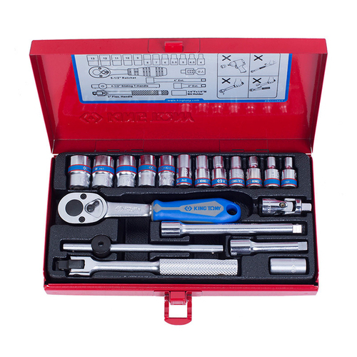 KING TONY (2021MR) Набор торцевых головок с принадлежностями 1/4", 12-гранные, 4-13 мм, 19 предметов
