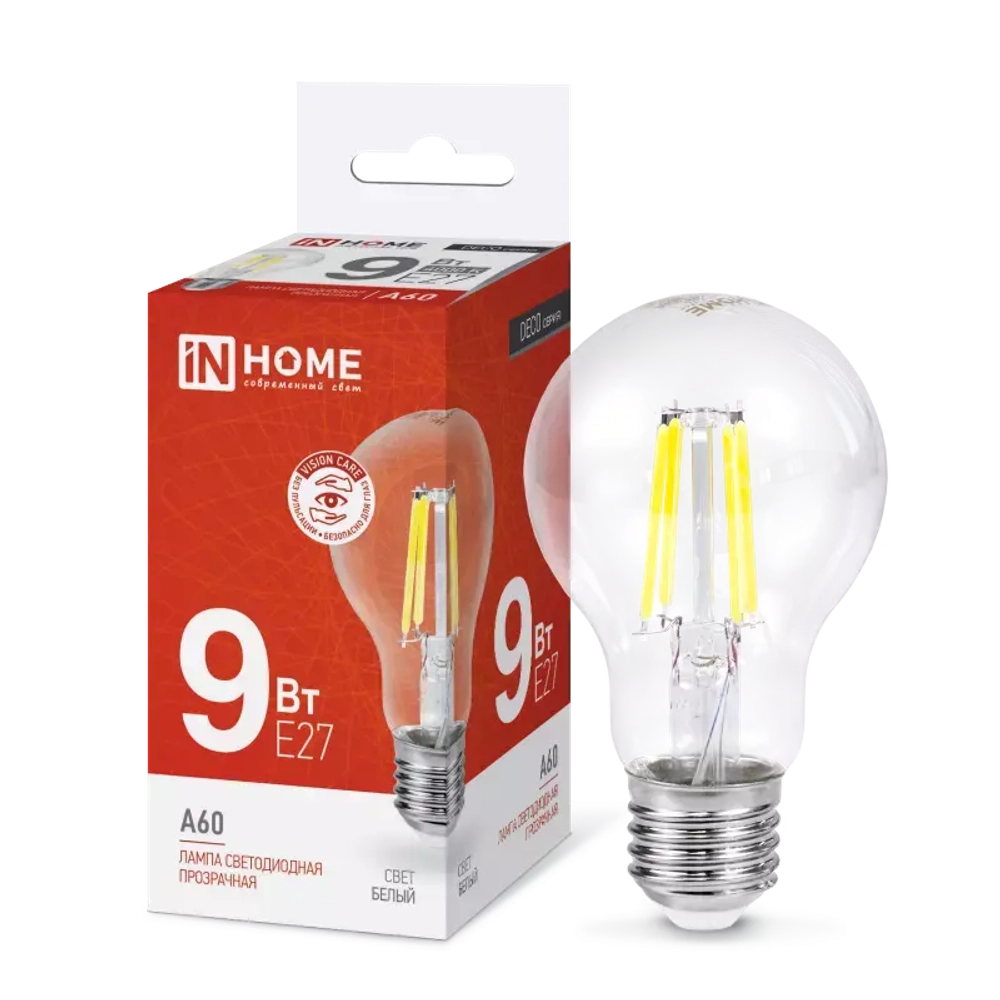 Лампа светодиодная LED-A60-deco 9Вт 230В Е27 4000К БЕЛЫЙ 1040Лм прозрачная IN HOME