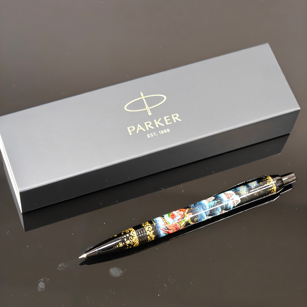 Ручка шариковая Parker "Сказочная тройка" на черном с ручной росписью Палех в коробке