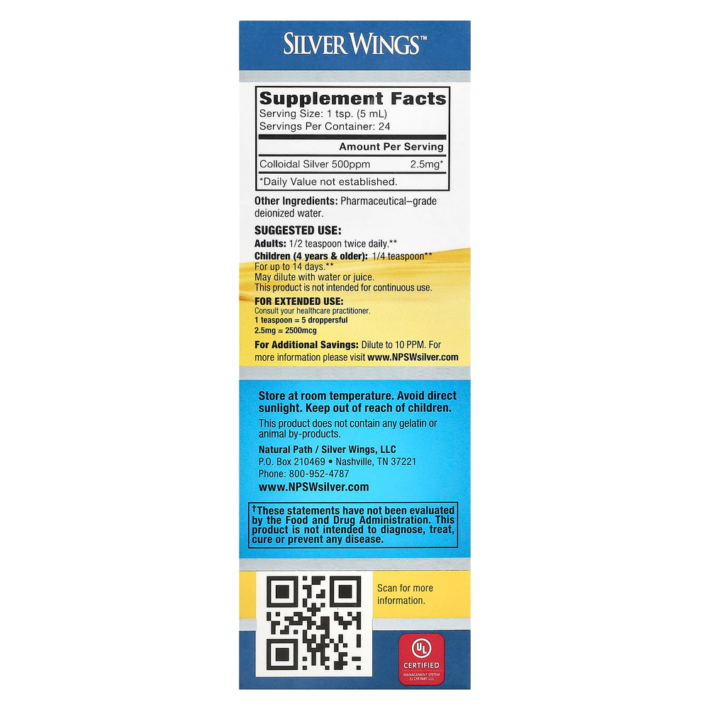 Natural Path Silver Wings, коллоидное серебро, 500 част./млн, 120 мл (4 жидк. унции)