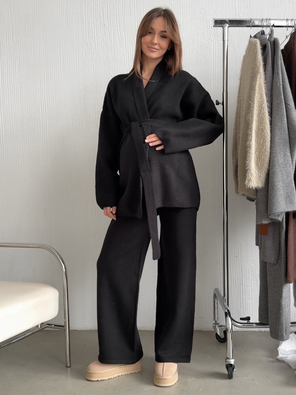 Комплект вязаный, кардиган с поясом и брюки