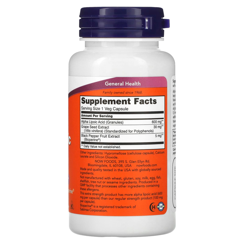 NOW Foods, альфа-липоевая кислота, 600 мг, 60 растительных капсул