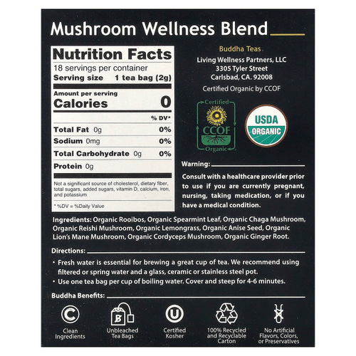 Buddha Teas, Organic Herbal Tea, оздоровительная смесь с грибами, без кофеина, 18 чайных пакетиков, 36 г (1,27 унции)