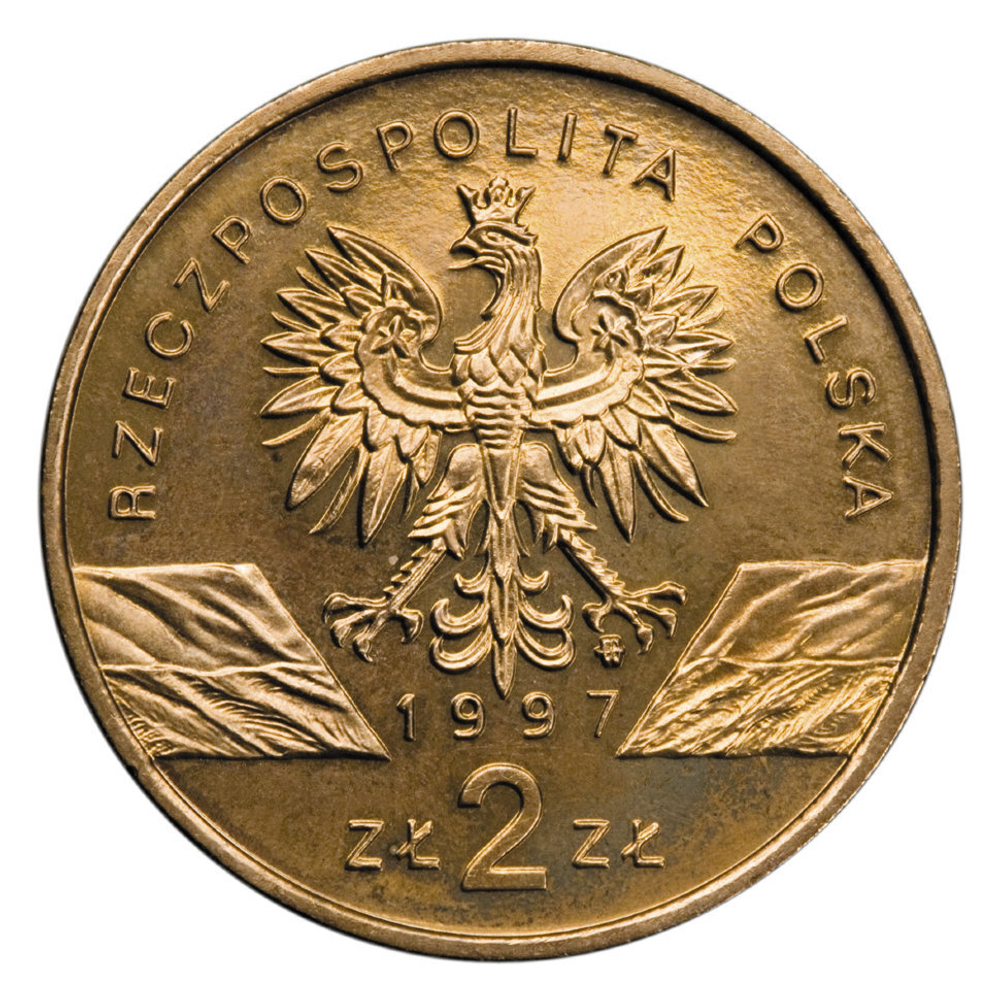 2 злотых Жук-олень (животный мир) 1997 год, Польша. UNC