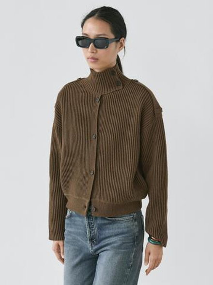 Massimo Dutti Кардиган из шерстяного трикотажа с пуговицами, хаки