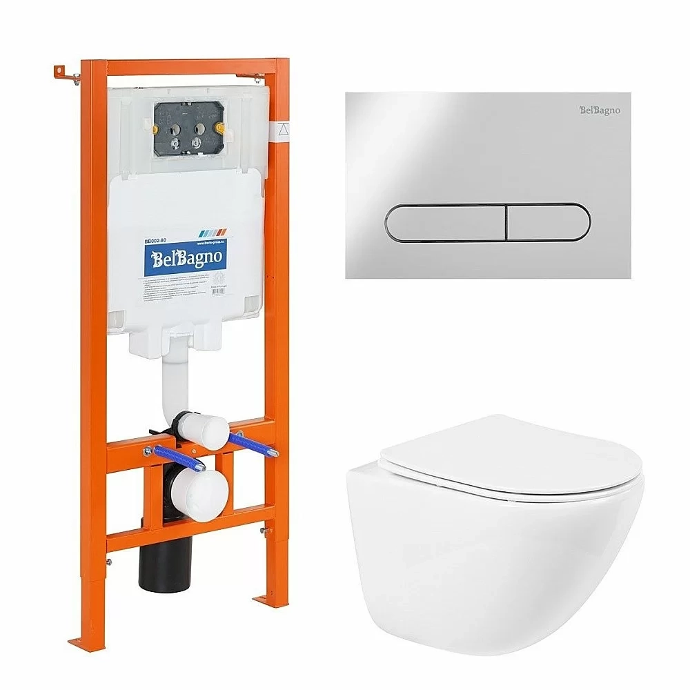 Унитаз подвесной BelBagno Amanda BB051CHR безободковый, с крышкой микролифт, с инсталляцией и кнопкой хром