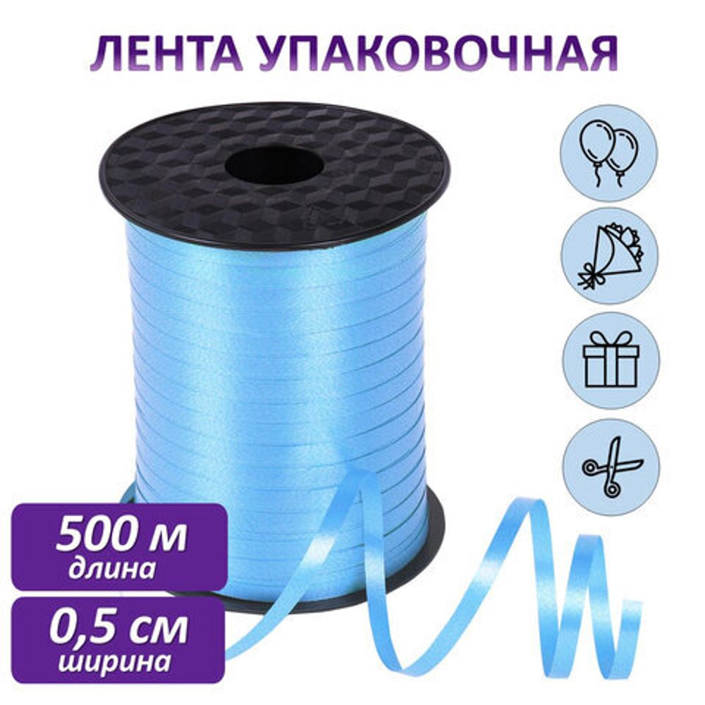 Лента упаковочная декоративная для шаров и подарков, 5 мм х 500 м, голубая, ЗОЛОТАЯ СКАЗКА, 591813