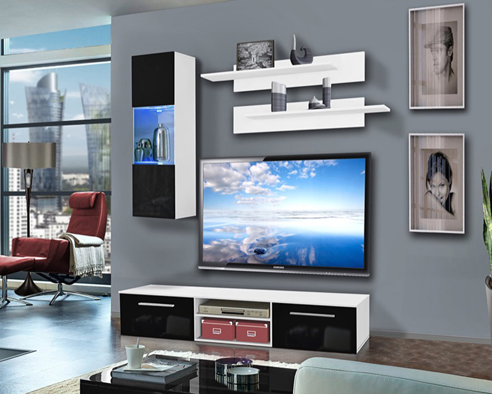 Гостиная 16 МДФ (черная) / Белый Фасадный 0101 180*45*170 см, Черный, Белый Фасадный   Фиеста