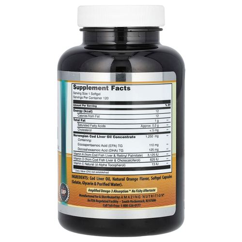 Amazing Nutrition, Жир печени норвежской трески, свежий апельсин, 1250 мг, 120 мягких таблеток