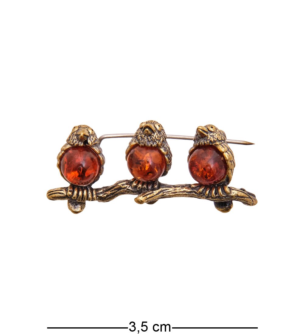 AM-3532 Брошь «Чижики» (латунь, янтарь)