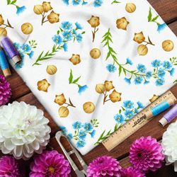 Ткань штапель фундук и синие цветы на белом фоне