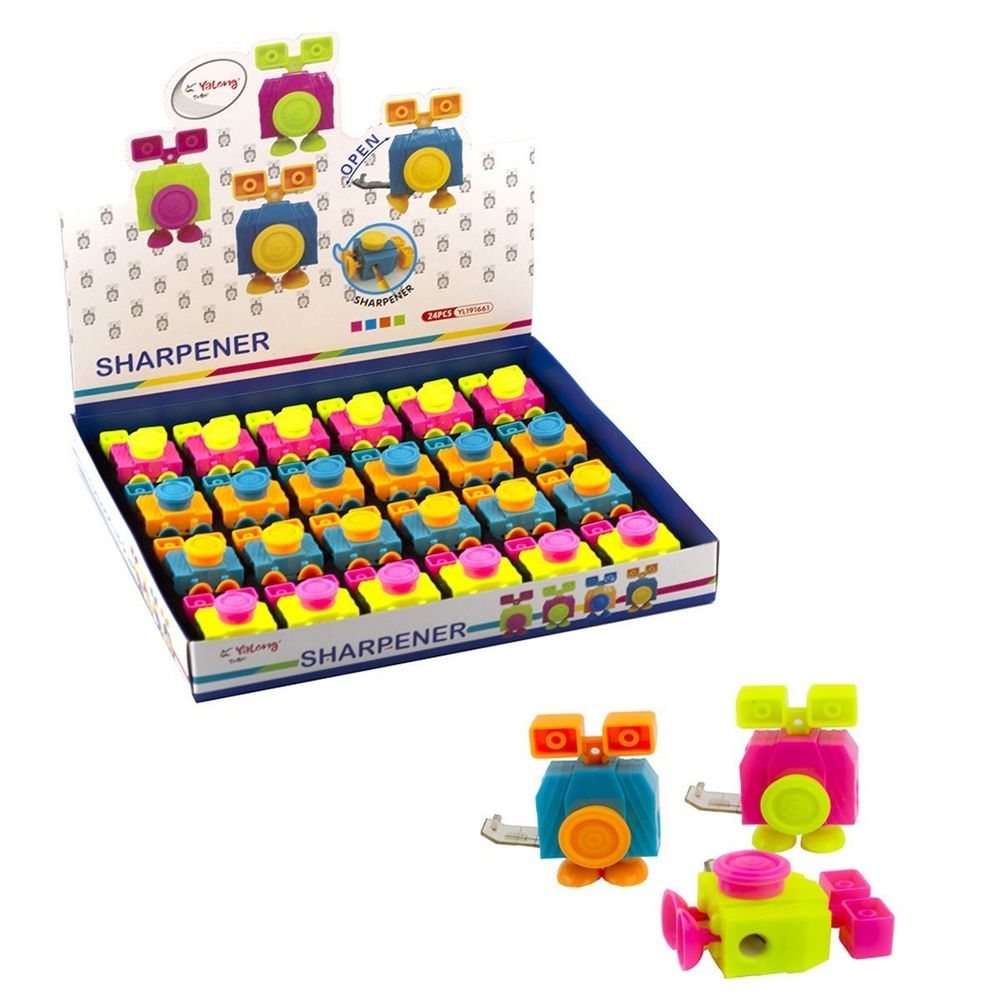 Точилка пластиковая Yalong, 1 отверстие, форма игрушки, с контейнером, картонная упаковка, "Робот" цвет ассорти,