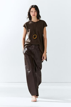 Massimo Dutti Кожаные брюки бочкообразной формы, коричневый