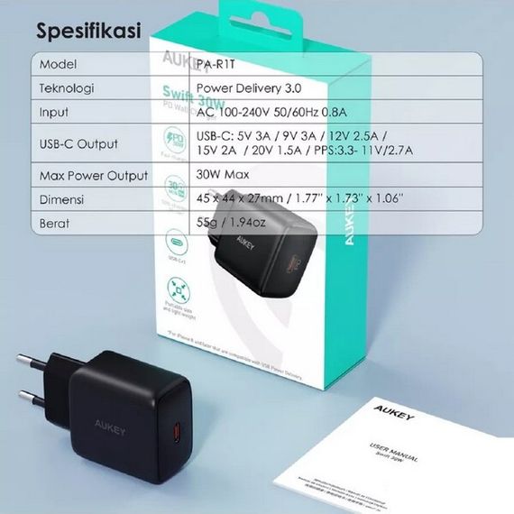 Сетевое зарядное устройство Aukey Swift Series PD 30 Вт USB-C (PA-R1T) черный