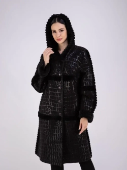 Дубленка женская натуральная длинная с капюшоном оверсайз