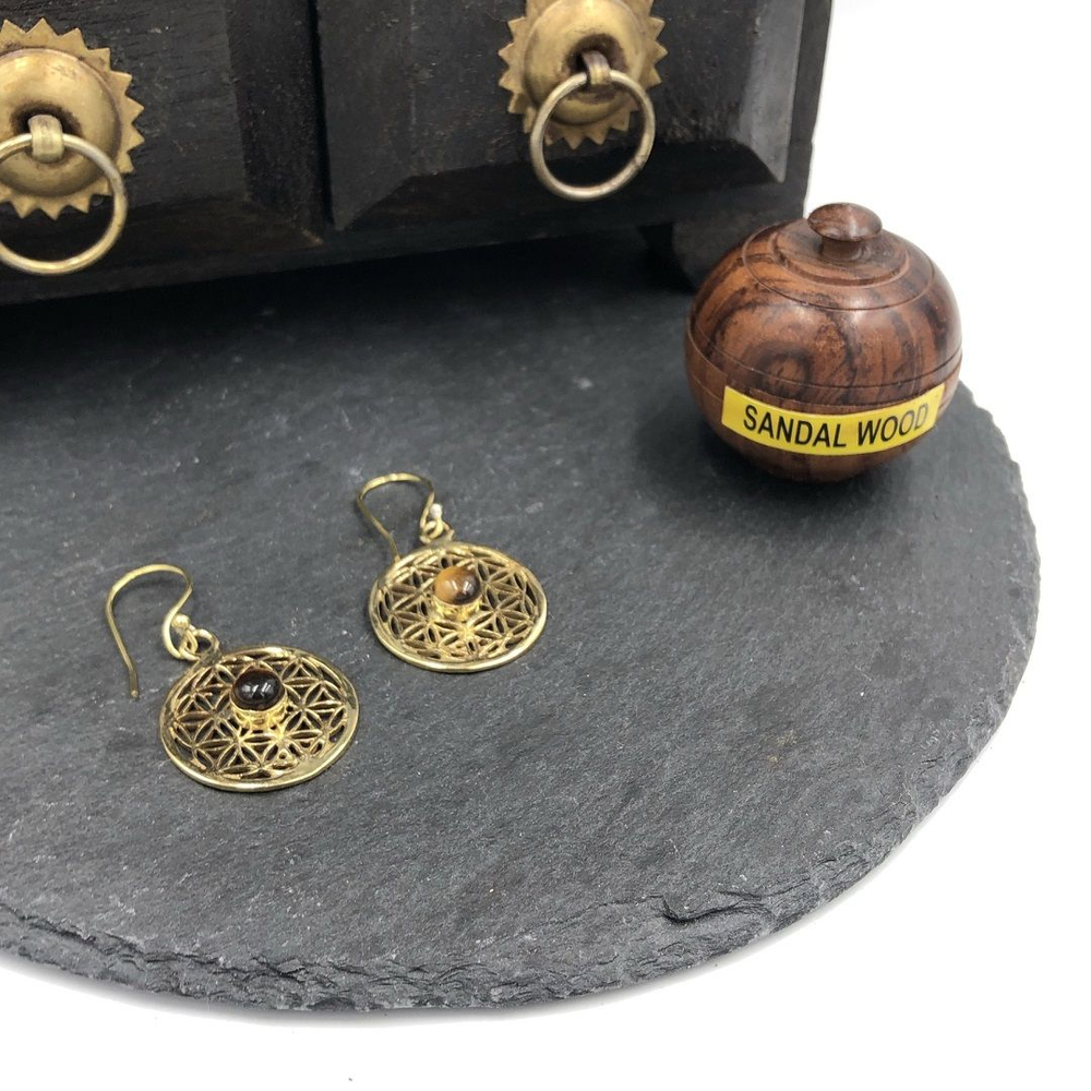 Серьги Flower of Life тигровый глаз из латуни